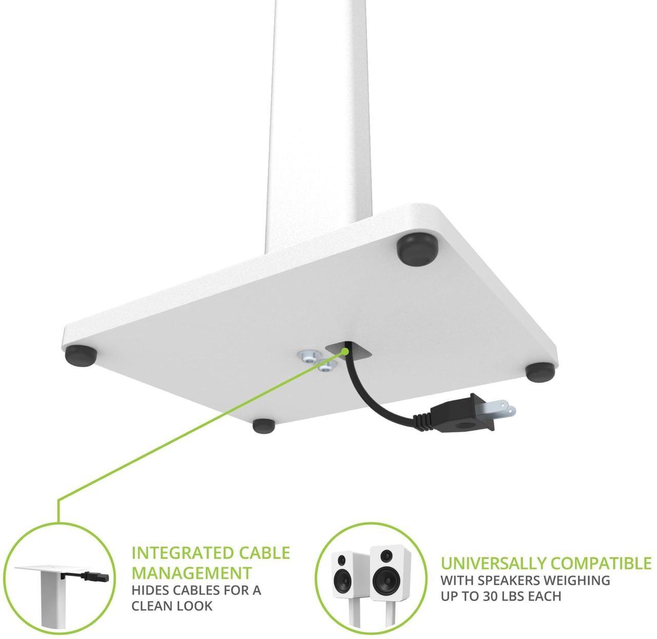 Alt view image 4 of 7 - Kanto ST34 34 Universal Speaker Floor Stands for Bookshelf Speakers up to 30 lbs | Improved Sound | Hidden Cable Management | White MDF Base | Pair