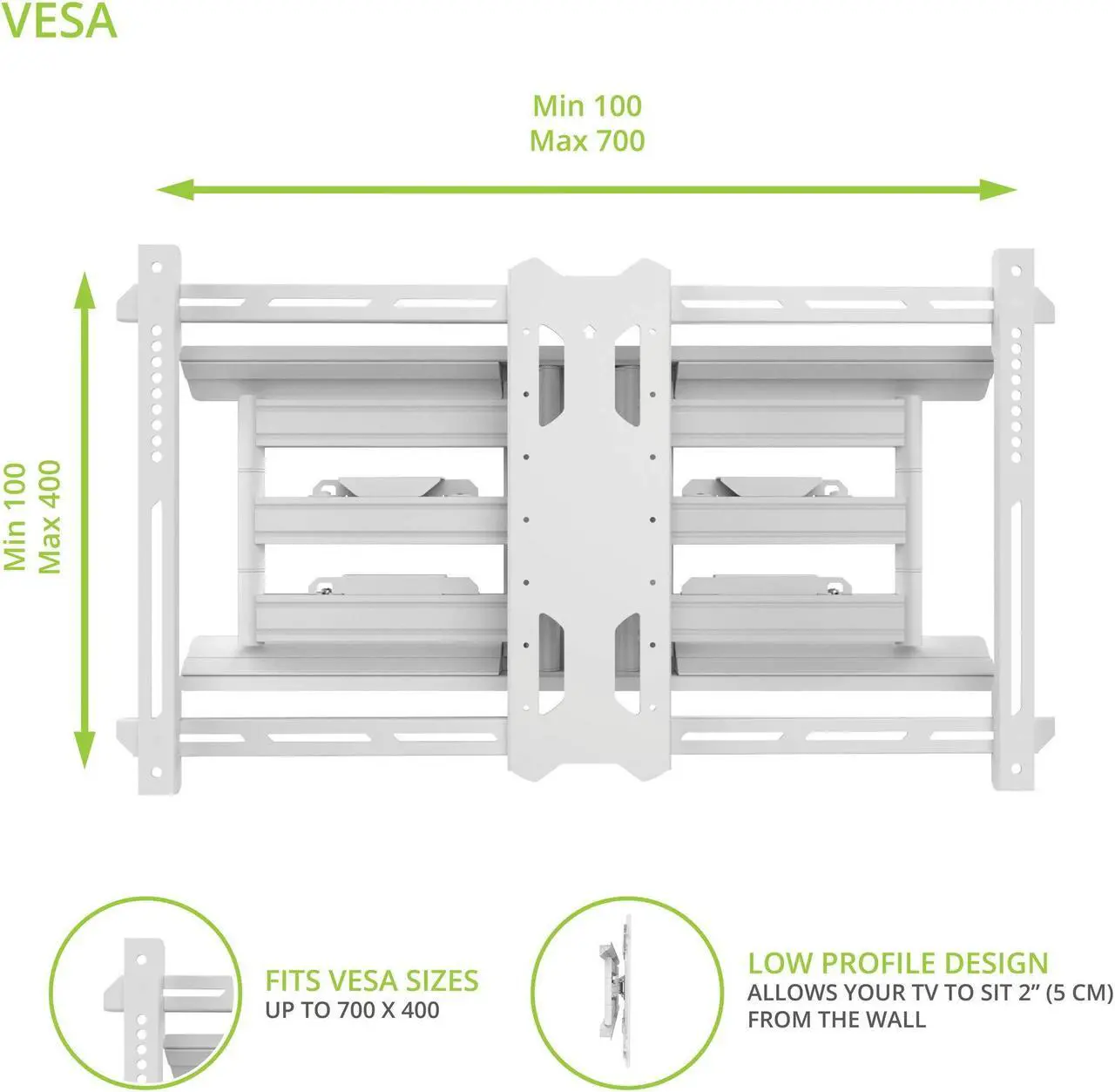Alt view image 4 of 14 - Kanto PDX680 Articulating Full Motion TV Mount for 39" - 80" TV (White)