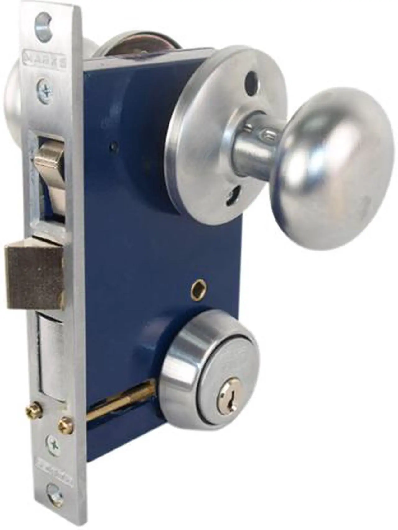 Alt view image 3 of 3 - Marks 22AC RHR Satin Chrome Finish Double Cylinder Iron Gate Ornamental Mortise Lockset with 2-1/2" Backset