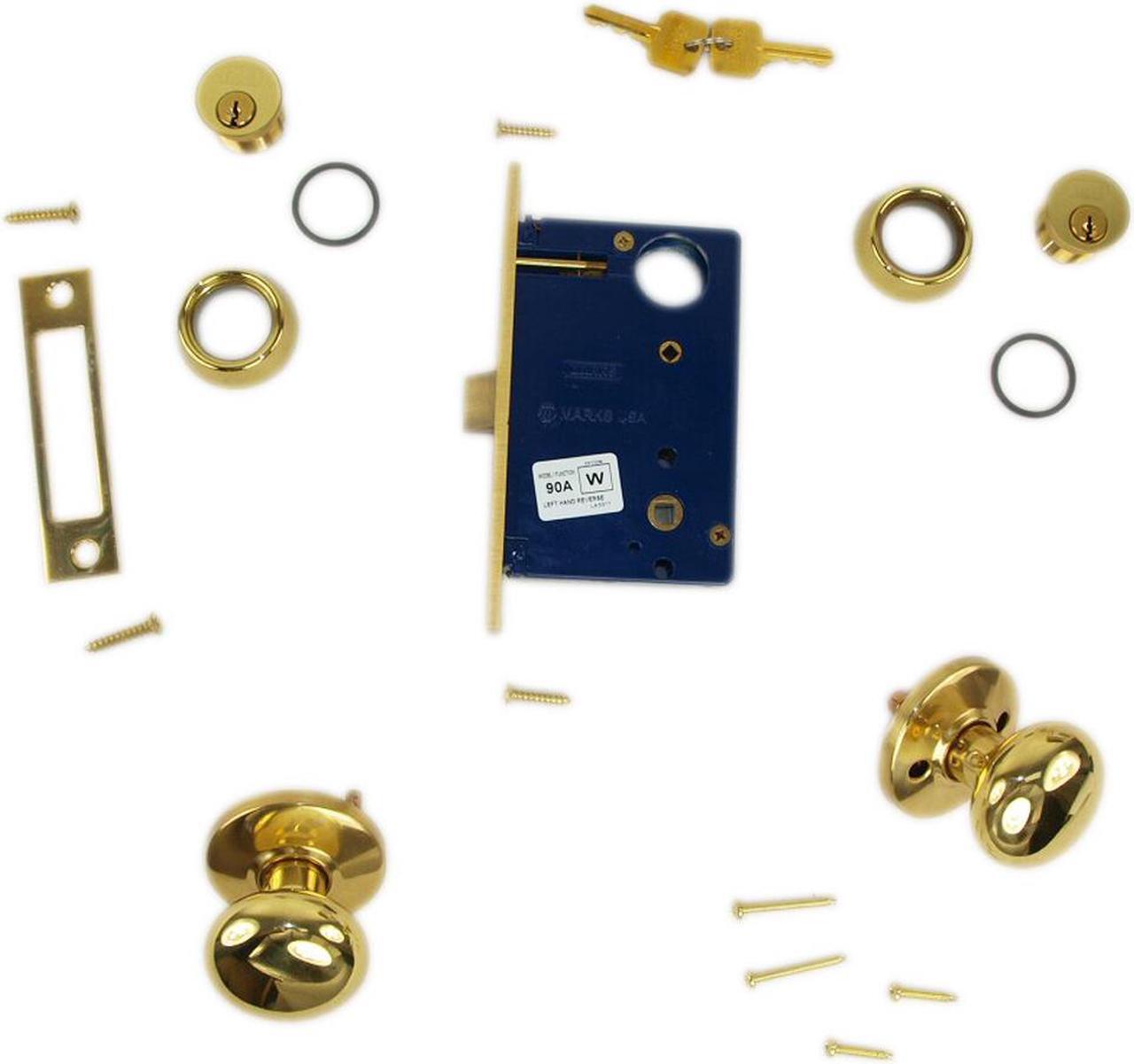 Alt view image 4 of 4 - Marks 22AC LHR Polished Brass Finish Left Hand Reverse Double Cylinder Iron Gate Ornamental Mortise Lock Set with 2-1/2" Backset
