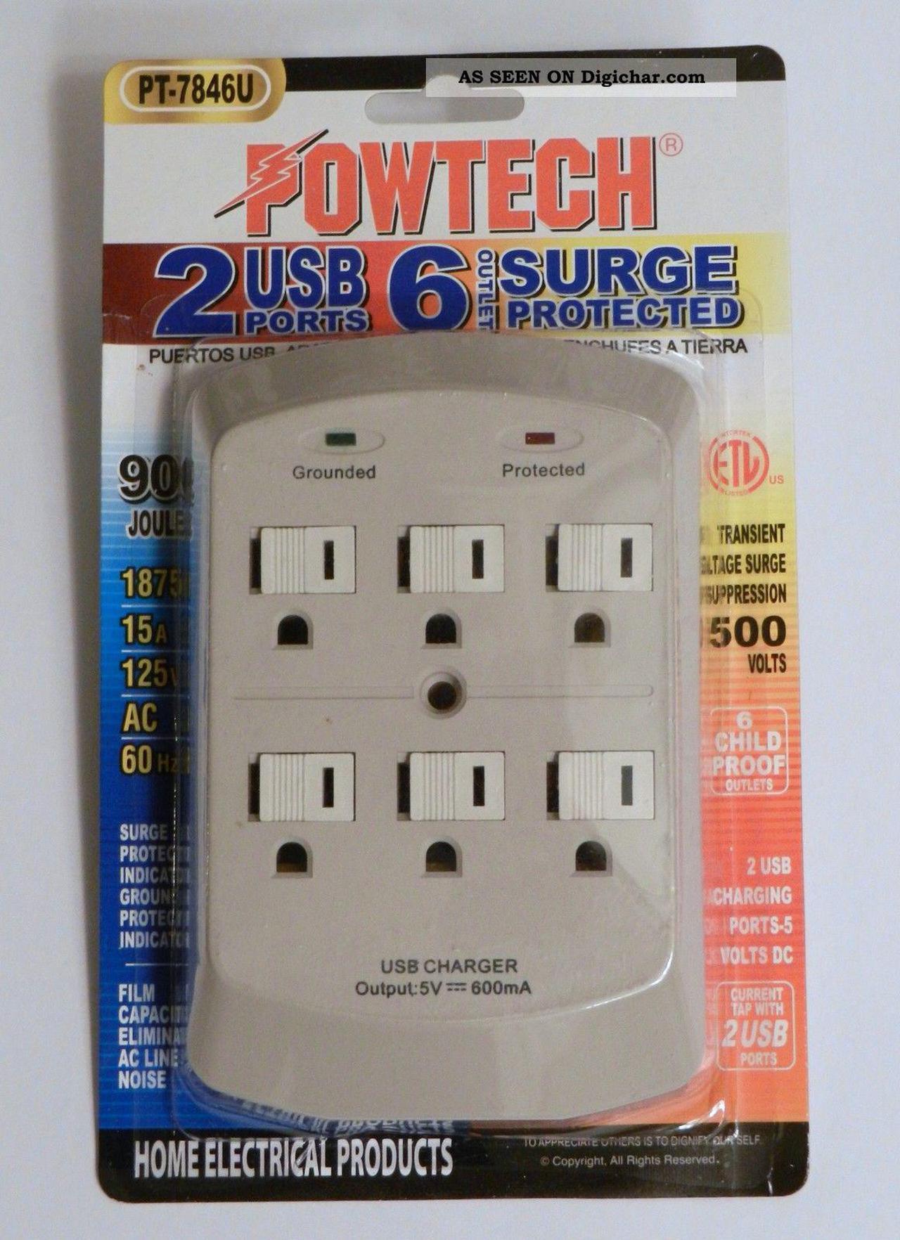 Main image of Powtech, PT-7846U, White, 6 Outlet, 900 Joules Surge Protector Tap, With 2 Port USB Charger