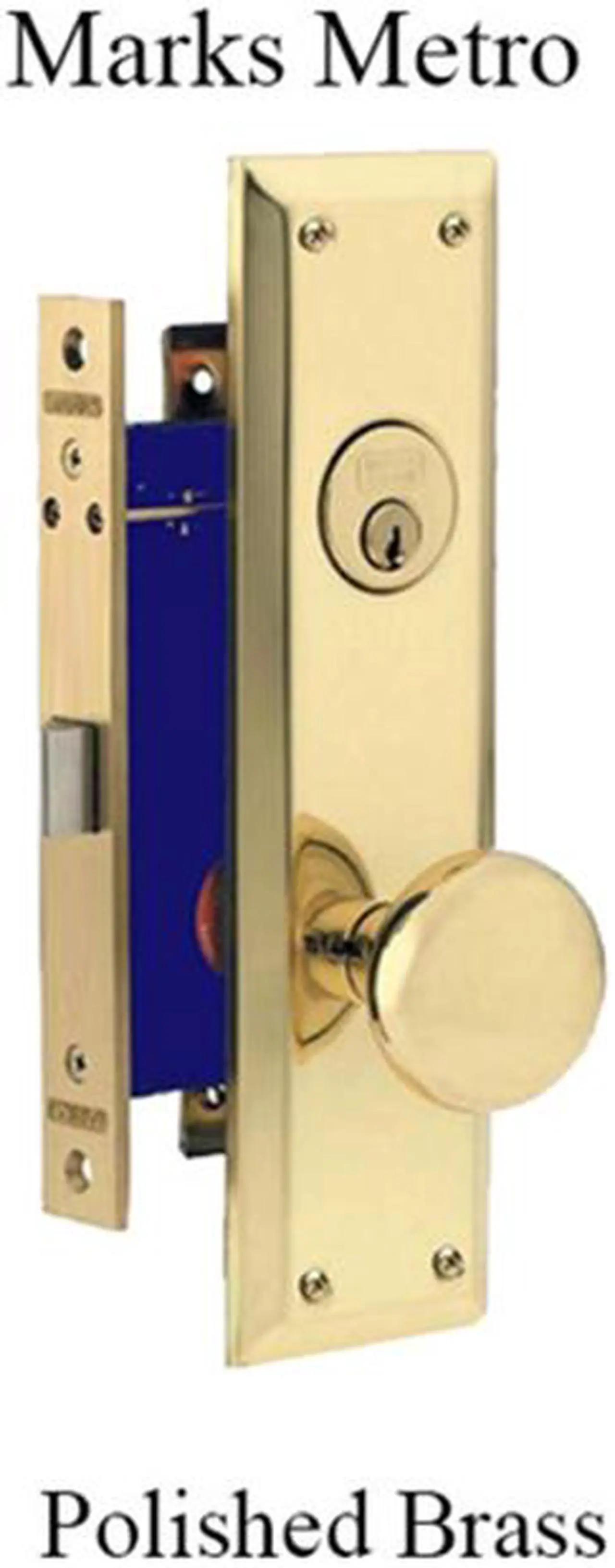 Alt view image 2 of 7 - Marks Metro 91DW/3, Polished Brass Right Hand Mortise Lock Knob Vestibule Function Always Locked Storeroom Latch Only Lockset, Surface Mounted Screw-on Knobs Lock Set