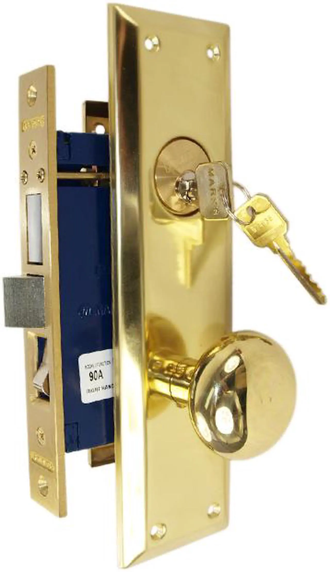 Alt view image 5 of 5 - Marks Metro 91A/3-X Brass Right Hand Mortise Entry, Surface Mounted Lockset with 1-1/4" x 8" Wide Face Plate Lock Set