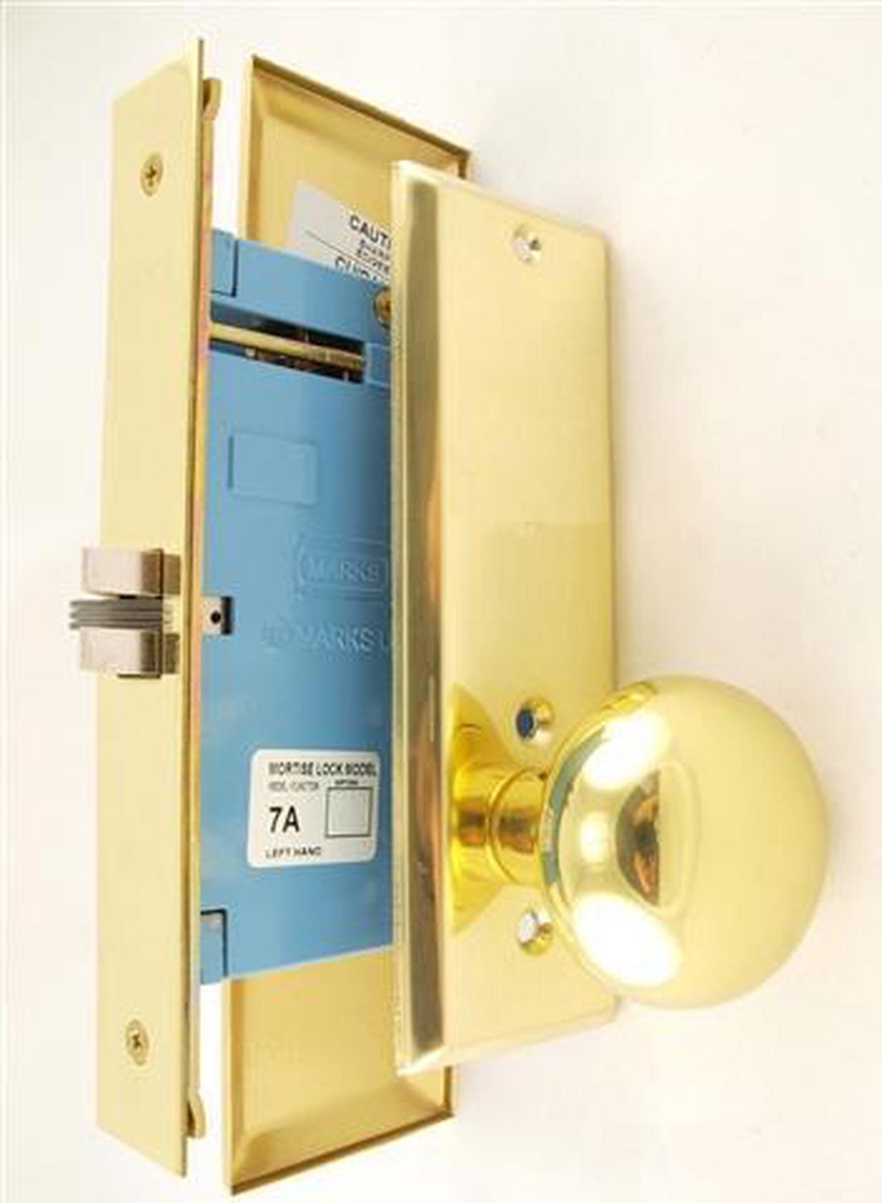 Alt view image 3 of 3 - Marks New Yorker 7NY10DW/3, Polished Brass Left Hand Mortise Lock Knob Vestibule Function Always Locked Storeroom Latch Only 2-3/4" Lock Set, Screwless Knobs Thru Bolted Lockset