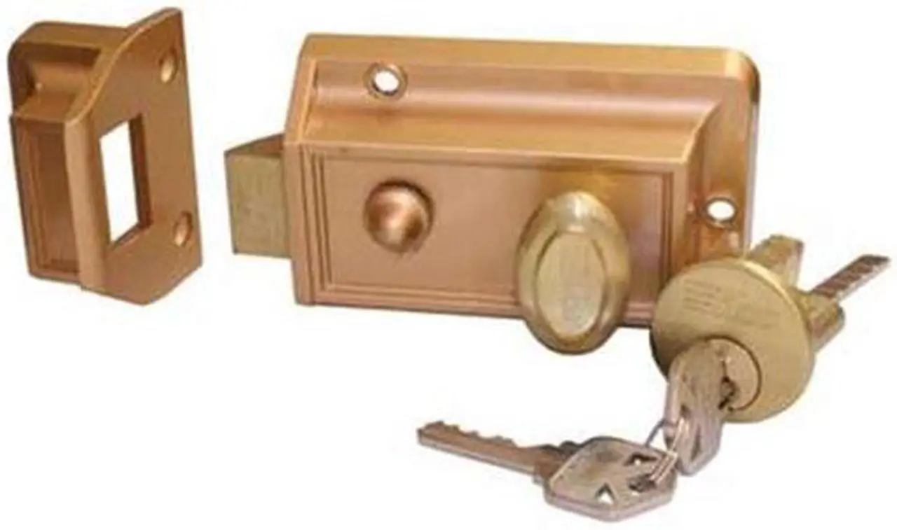 Main image of Ilco I220-53-51 Bronze Surface Mount Night Latch Slam Lock With Angle Strike Plate And Kwikset KW1 Keyway