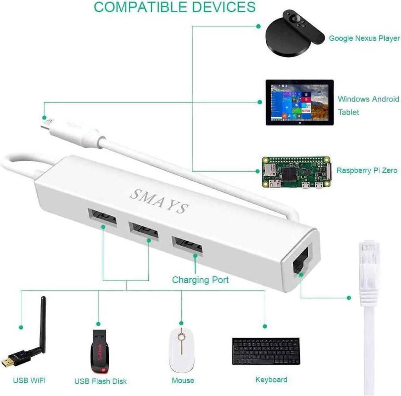 Alt view image 2 of 7 - Powered HUB, OTG Micro USB Ethernet Network Adapter for Raspberry Pi Zero, Google Nexus Player, Windows Android Tablet