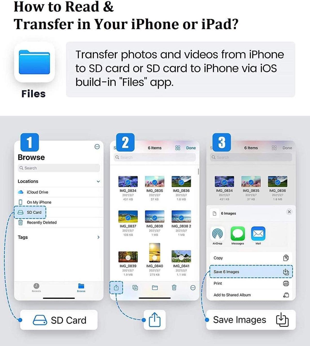 Alt view image 6 of 7 - Lightning to SD Card Camera Reader for iPhone iPad, Apple MFi Certified Veetone Dual Card Slot Micro SD/SD Memory Card Reader Adapter, Trail Game Camera Viewer, Plug and Play No App Required
