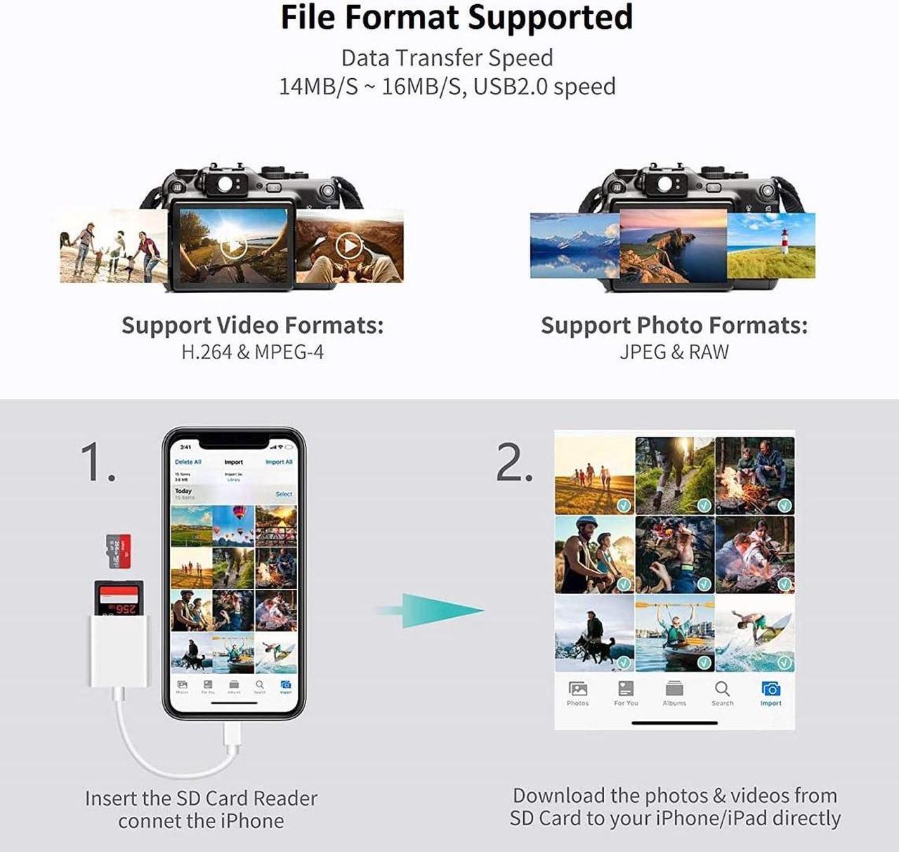 Alt view image 5 of 7 - Lightning to SD Card Camera Reader for iPhone iPad, Apple MFi Certified Veetone Dual Card Slot Micro SD/SD Memory Card Reader Adapter, Trail Game Camera Viewer, Plug and Play No App Required