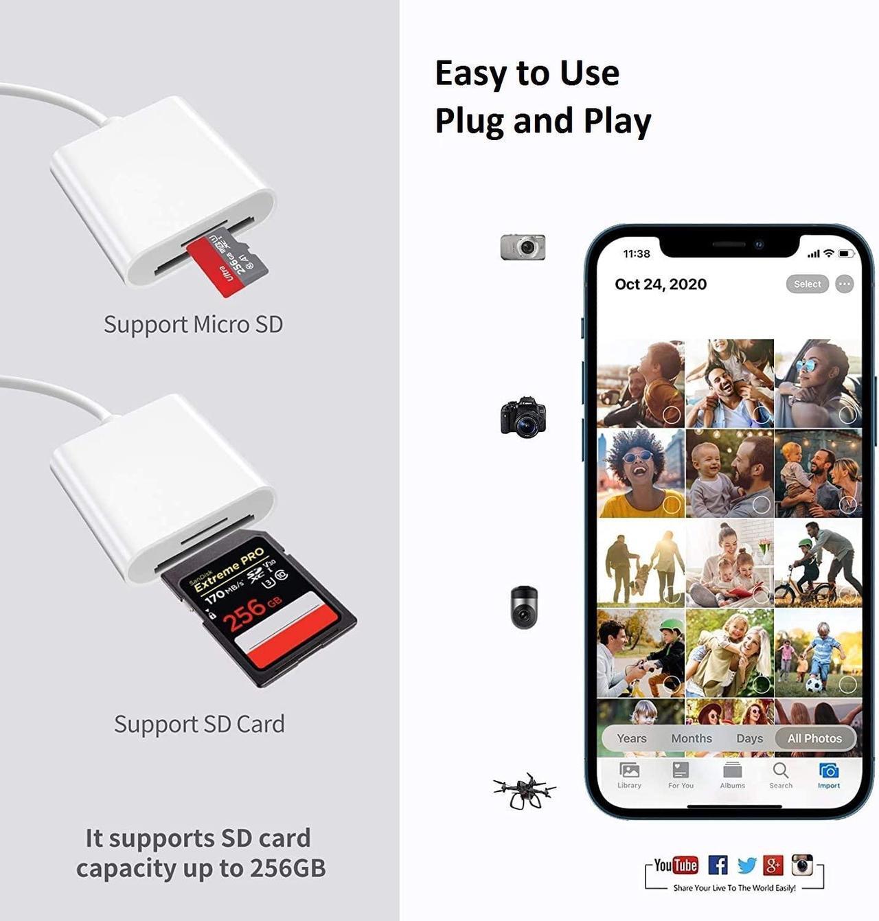 Alt view image 3 of 7 - Lightning to SD Card Camera Reader for iPhone iPad, Apple MFi Certified Veetone Dual Card Slot Micro SD/SD Memory Card Reader Adapter, Trail Game Camera Viewer, Plug and Play No App Required