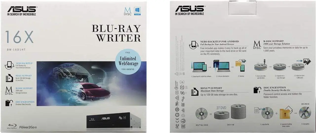 Alt view image 3 of 3 - Asus 16X BW-16D1HT Internal Blu-ray Burner Bundle with 50GB Verbatim M-Disc BD-R DL, BD Suite Disc and Cable Accessories