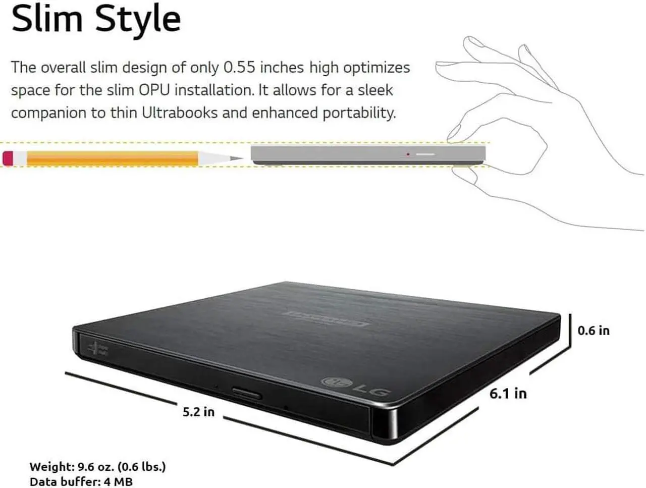 Alt view image 3 of 7 - LG BP60NB10 Portable 6X Ultra HD Blu-ray Burner External Drive with CyberLink Software and USB Cable - Burns CD DVD BD DL BDXL Discs