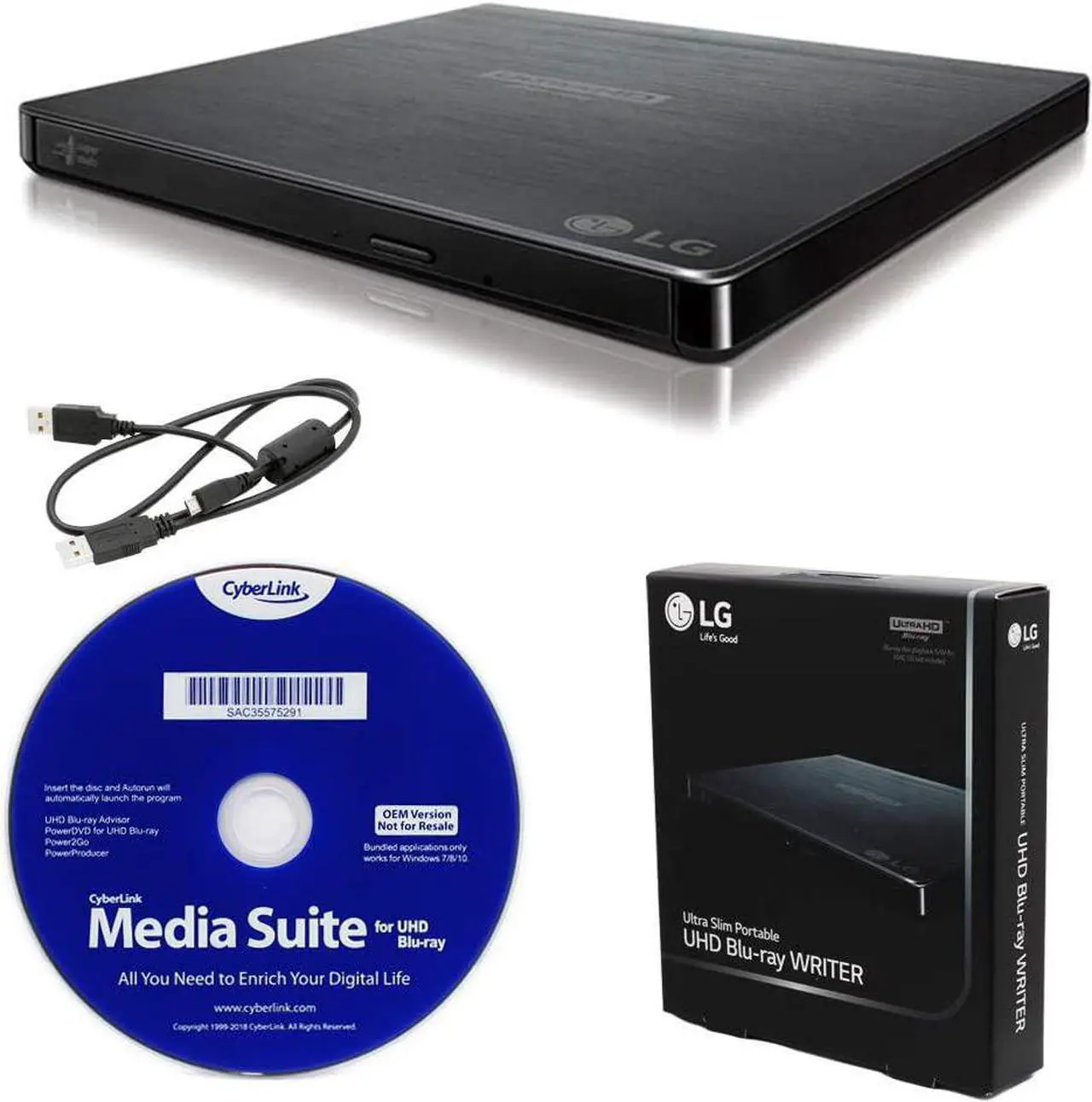 Main image of LG BP60NB10 Portable 6X Ultra HD Blu-ray Burner External Drive with CyberLink Software and USB Cable - Burns CD DVD BD DL BDXL Discs