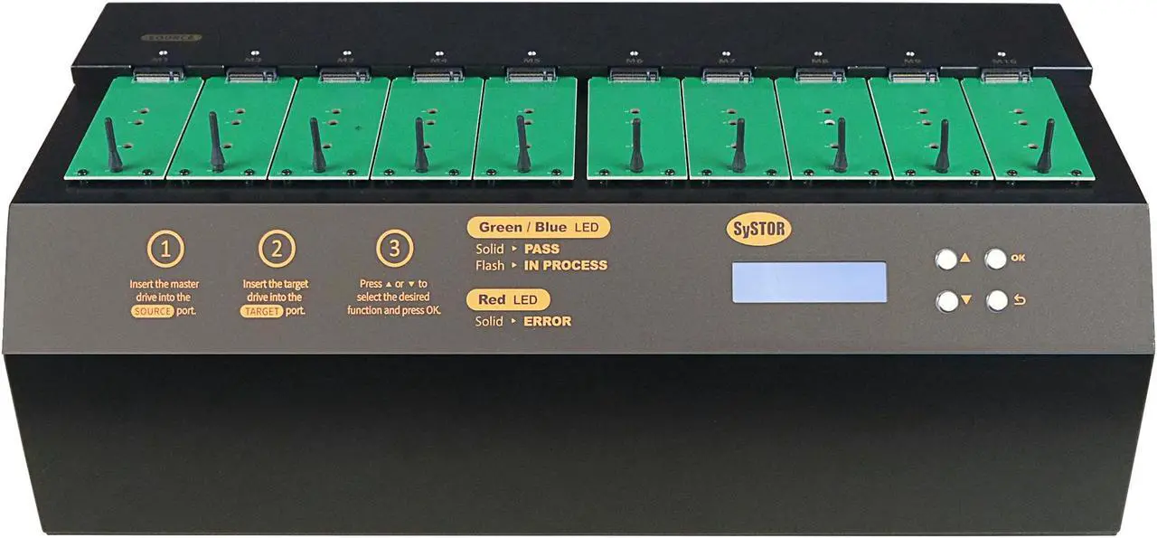 Main image of Systor 1 to 9 M.2 NVMe/SATA Duplicator - 36GB/Min - Standalone Copier & Eraser/Sanitizer for Multiple PCIe M2 Drives (SYSNVME-YL06REG09)