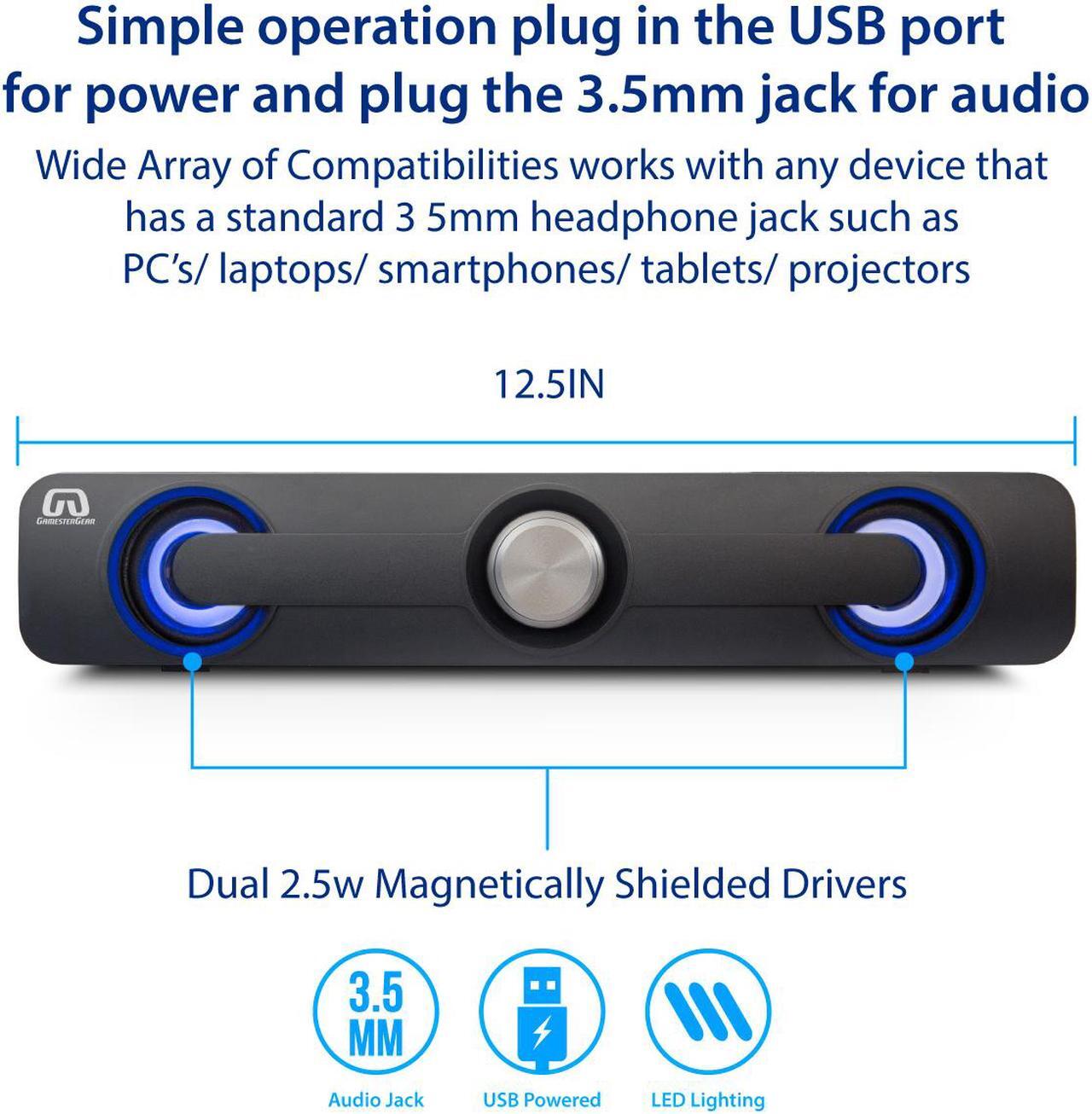 Alt view image 3 of 15 - Desktop Compact USB Powered Wired Multimedia Mini Stereo Sound Bar 3.5mm Audio Jack Blue LED 2.5 Watts