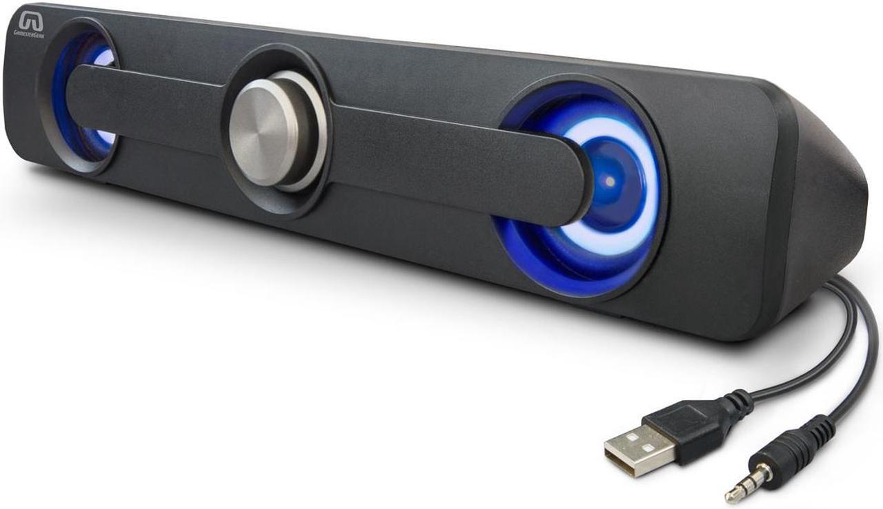 Main image of Desktop Compact USB Powered Wired Multimedia Mini Stereo Sound Bar 3.5mm Audio Jack Blue LED 2.5 Watts