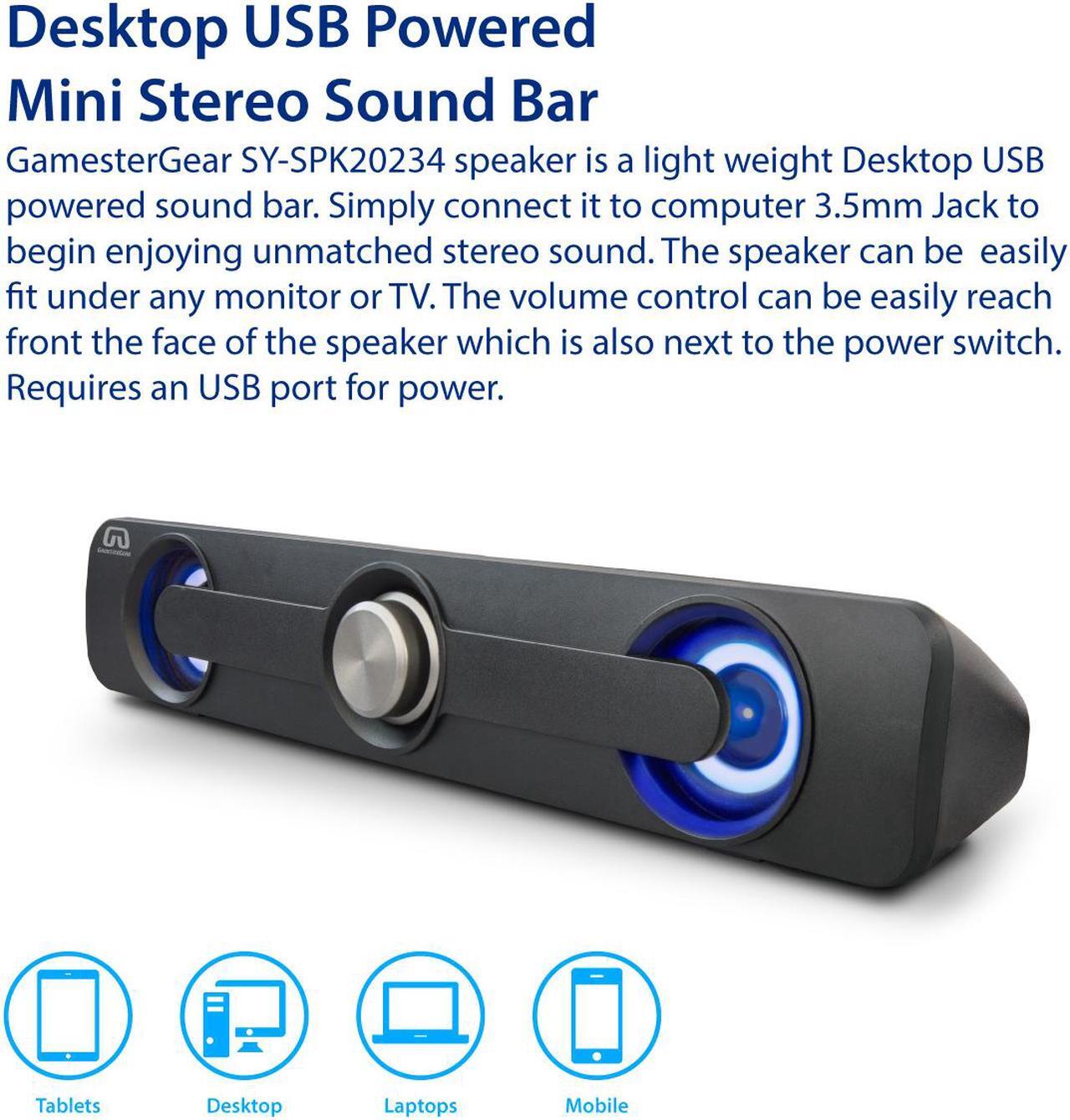 Alt view image 2 of 15 - Desktop Compact USB Powered Wired Multimedia Mini Stereo Sound Bar 3.5mm Audio Jack Blue LED 2.5 Watts