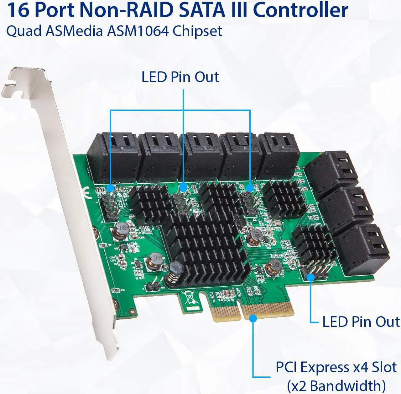 Alt view image 4 of 11 - 16 Port SATA III PCIe x4 (x2 Bandwidth) NON-RAID Expansion Card