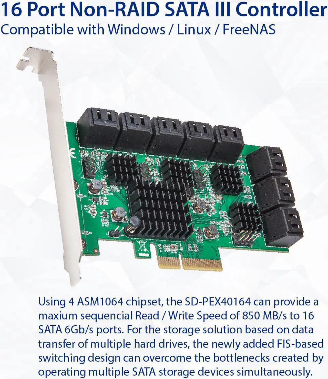 Alt view image 2 of 11 - 16 Port SATA III PCIe x4 (x2 Bandwidth) NON-RAID Expansion Card