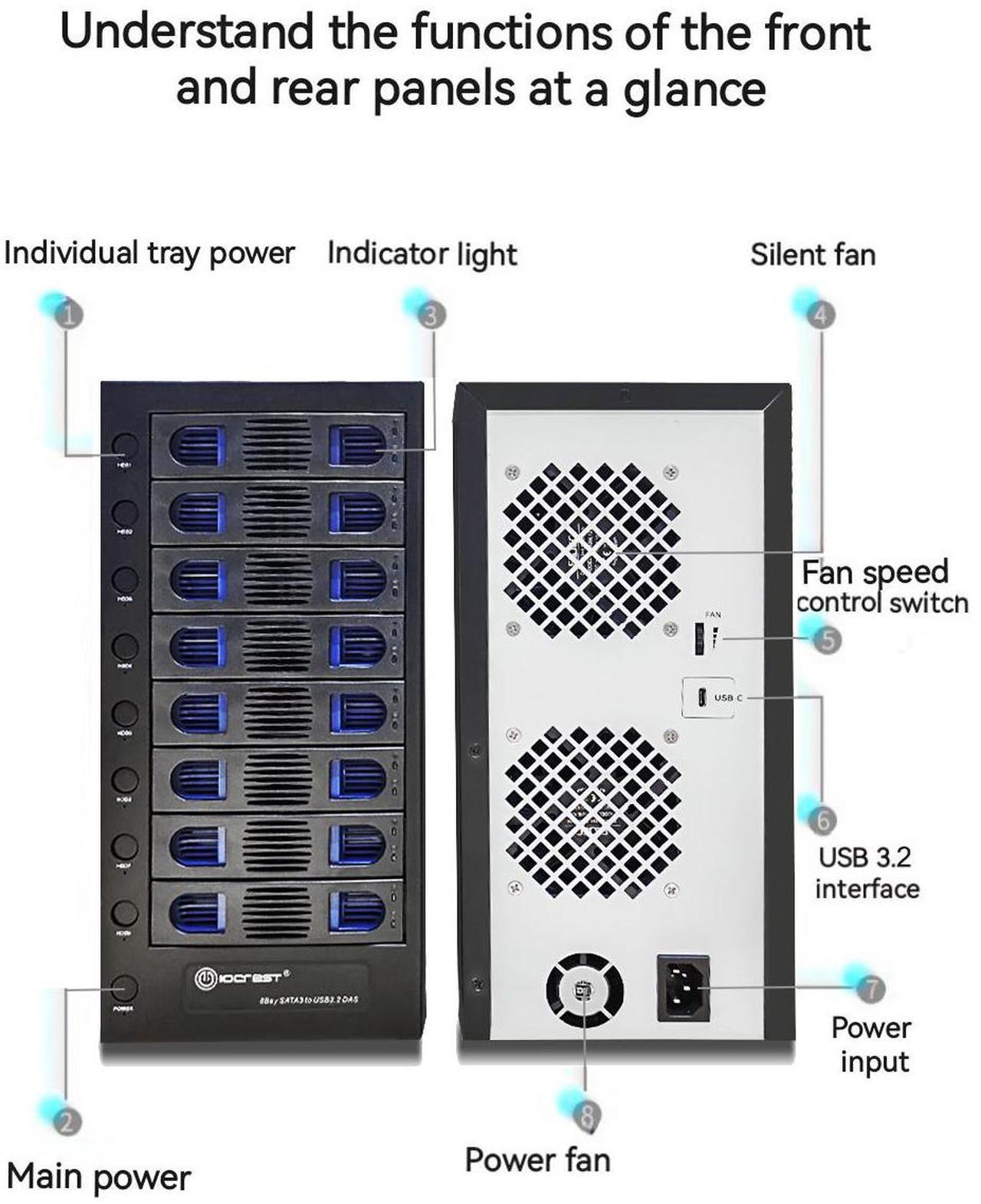 Alt view image 5 of 7 - SYBA SY-ENC50125 Black Hard Drive Enclosure USB 3.2 (10Gbps) Type-C 8 Bay 2.5 Inch and 3.5 Inch SATA Hard Drive External Hard Drive Enclosure
