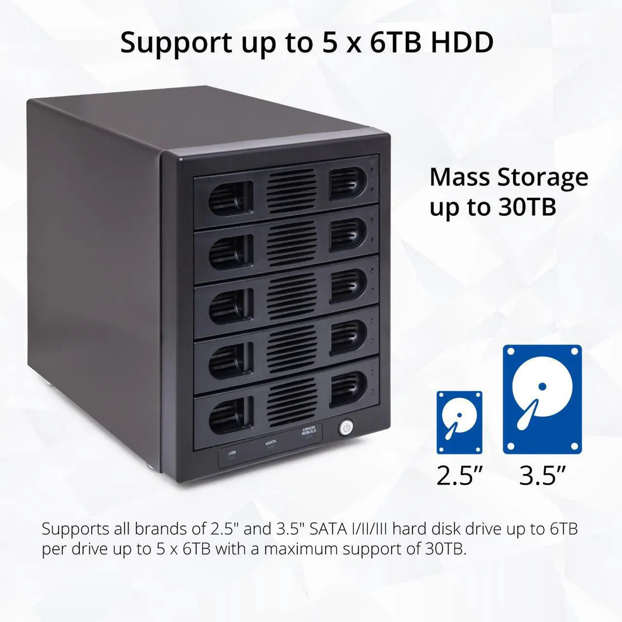 Alt view image 2 of 16 - Syba SY-ENC50118 5 Bay 2.5" and 3.5" SATA HDD External USB 3.0 / eSATA RAID Hard Drive Enclosure