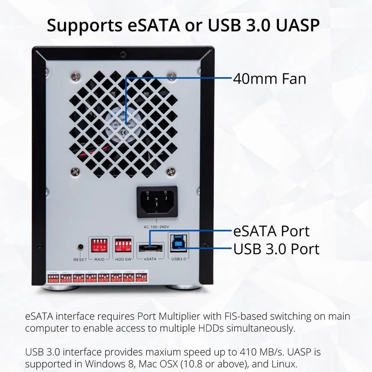 Alt view image 4 of 16 - Syba SY-ENC50118 5 Bay 2.5" and 3.5" SATA HDD External USB 3.0 / eSATA RAID Hard Drive Enclosure