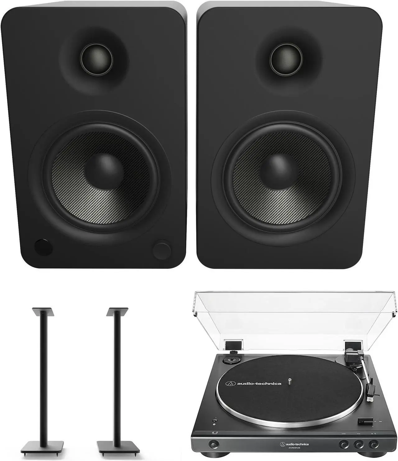 Main image of Kanto YU6MB 200W Bookshelf Speakers with Bluetooth with Kanto SP32PL 32 Inch Fixed-Height Stands for Bookshelf Speakers and an AT-LP60XBT-USB-BK Full Automatic Belt Drive Turntable (2022)