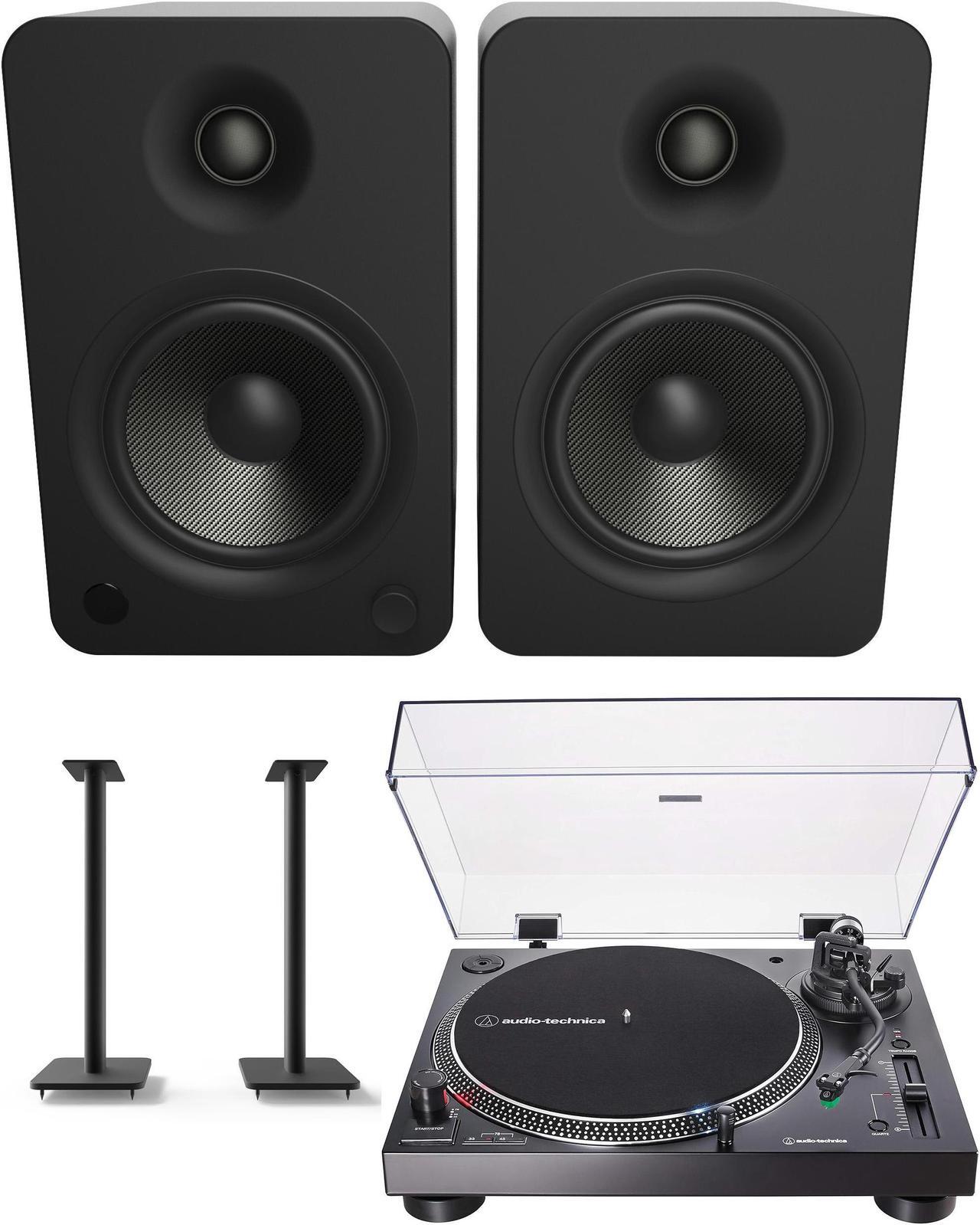 Main image of Kanto YU6MB 200W Bookshelf Speakers with Bluetooth with Kanto SP32PL 32 Inch Fixed-Height Stands for Bookshelf Speakers and an AT-LP120XUSB-BK Direct-Drive 3-Speed Manual USB Turntable (2022)