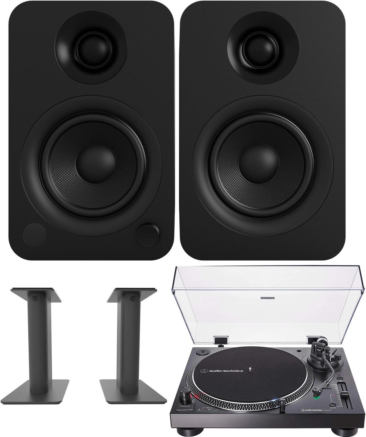 Main image of Kanto YU 140W Powered Bookshelf Speakers with Bluetooth with Kanto SP9 9 Inch Fixed-Height Desktop Stands for Bookshelf Speakers and an AT-LP120XBT-USB-BK Black Direct Turntable (2022)
