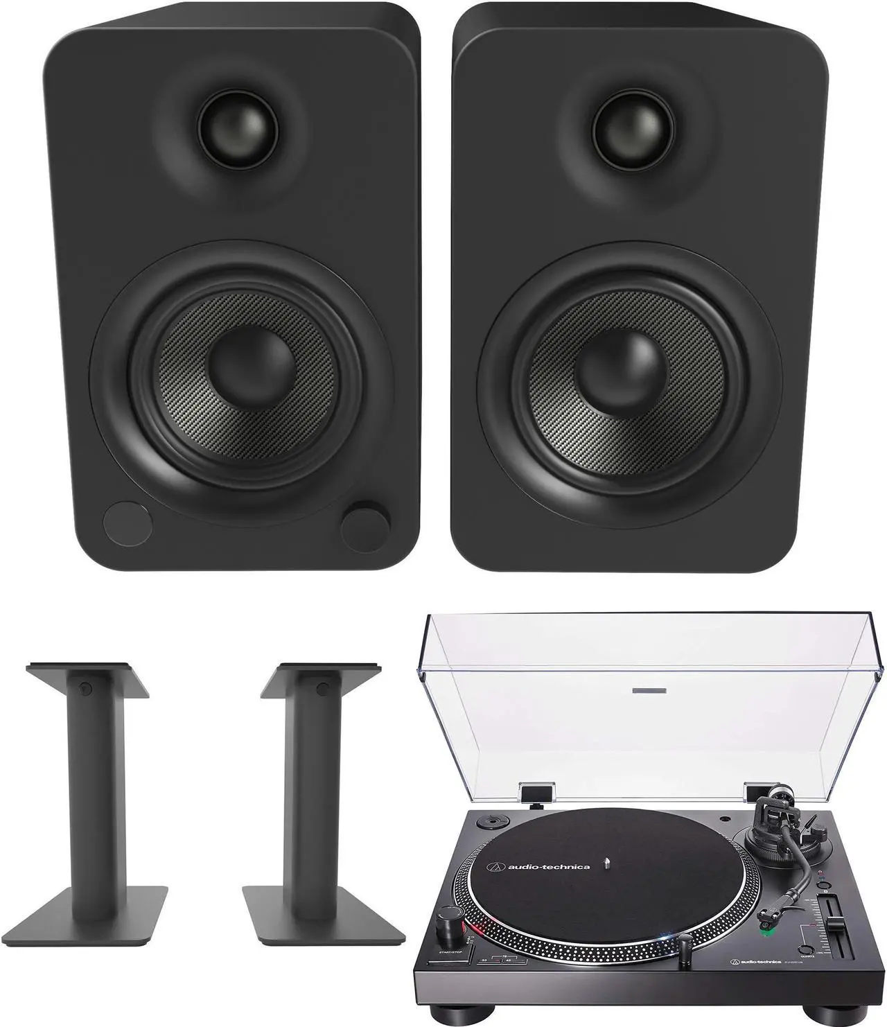 Main image of Kanto YU4MB 140W Bookshelf Speakers with Bluetooth with Kanto SP9 9 Inch Fixed-Height Desktop Stands for Bookshelf Speakers and an AT-LP120XBT-USB-BK Black Direct Turntable (2022)