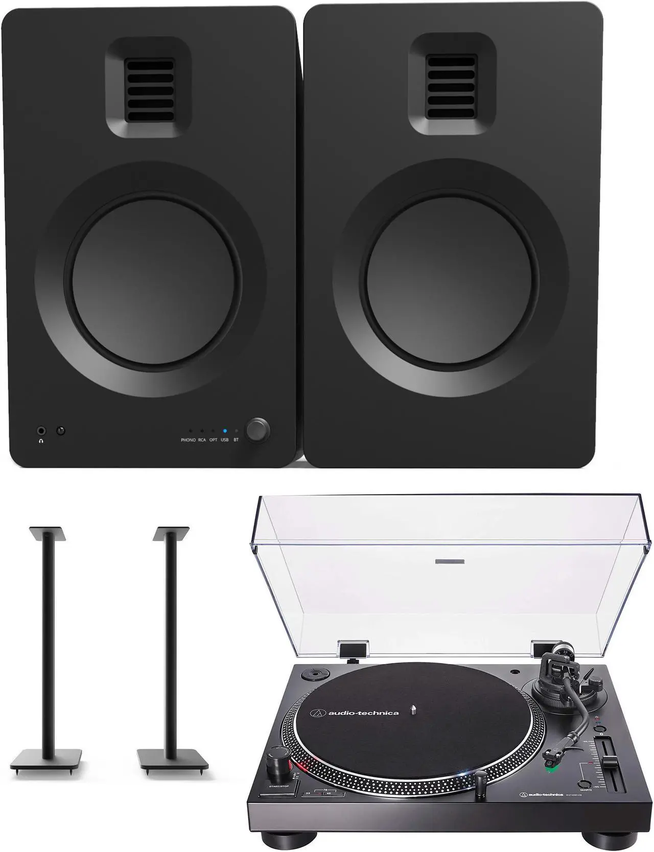 Main image of Kanto TUKMB Bookshelf Speakers with 5.25 Inch Aluminum Drivers with Kanto SP32PL 32 Inch Fixed-Height Stands for Bookshelf Speakers and an AT-LP120XBT-USB-BK Black Direct Turntable (2019)