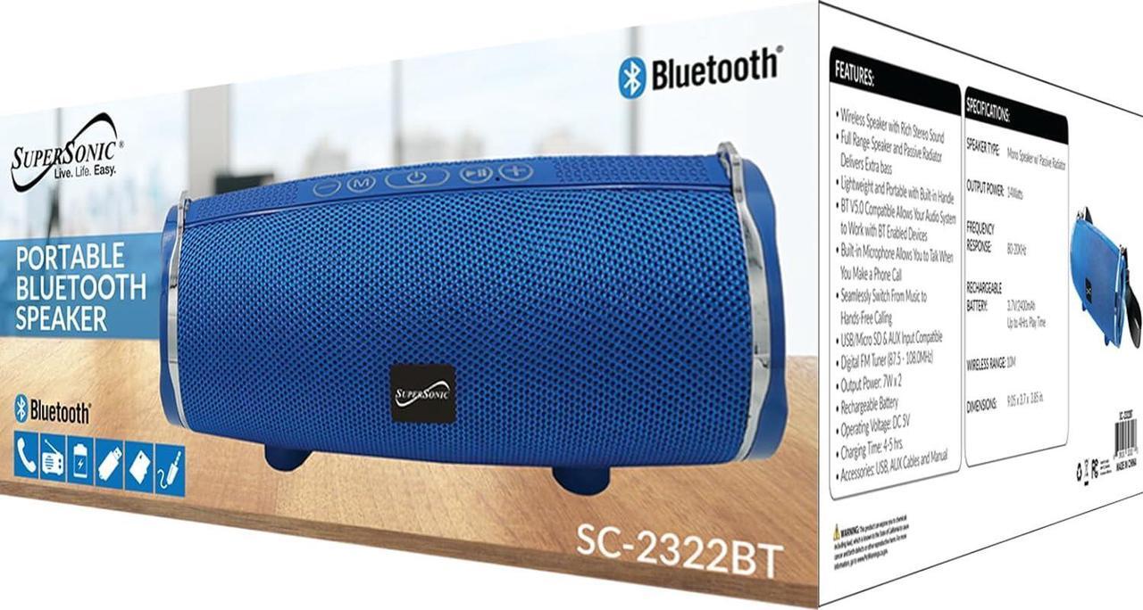 Alt view image 7 of 14 - Supersonic Portable Bluetooth Wireless Speaker Built-in Mic, USB/SD/AUX, FM SC-2322BT Blue