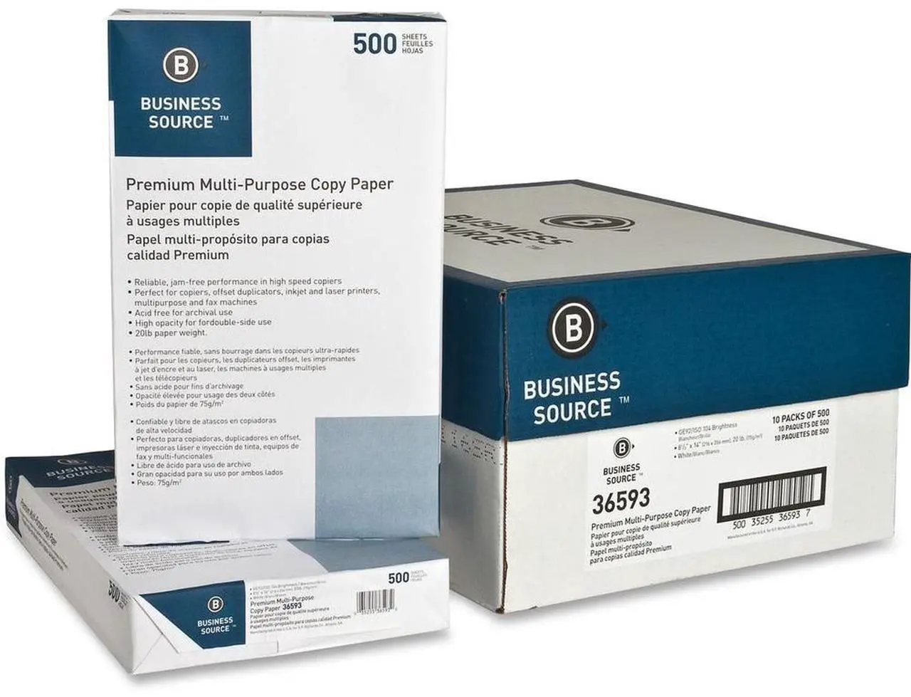 Alt view image 4 of 6 - Business Source Multipurpose Paper 20lb. 92 Bright 8-1/2"x14" 10RM/CT White 36593