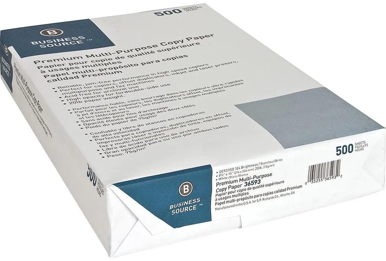 Alt view image 5 of 6 - Business Source Multipurpose Paper 20lb. 92 Bright 8-1/2"x14" 10RM/CT White 36593