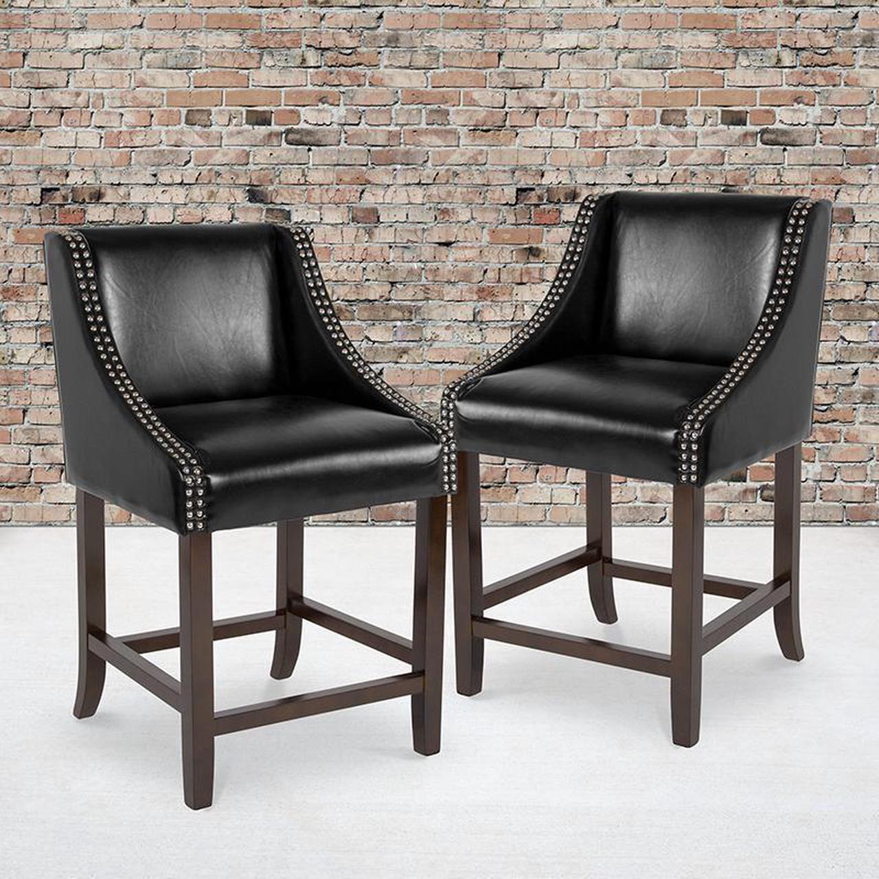 Alt view image 13 of 20 - Carmel Series 24" High Transitional Walnut Counter Height Stool with Nail Trim in Black LeatherSoft, Set of 2