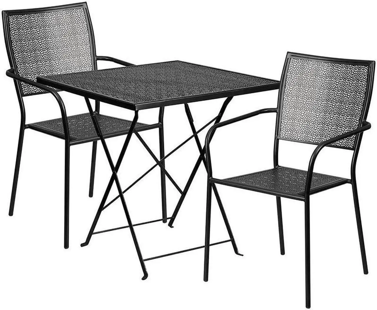 Alt view image 9 of 19 - 28'' Square Black Indoor-Outdoor Steel Folding Patio Table Set with 2 Square Back Chairs