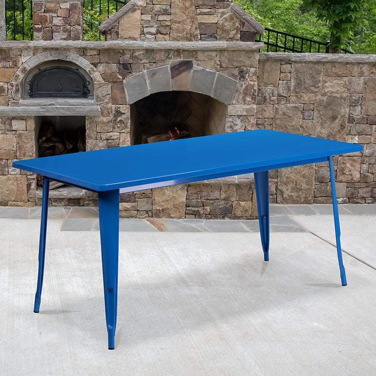 Alt view image 6 of 14 - Commercial Grade 31.5" x 63" Rectangular Blue Metal Indoor-Outdoor Table