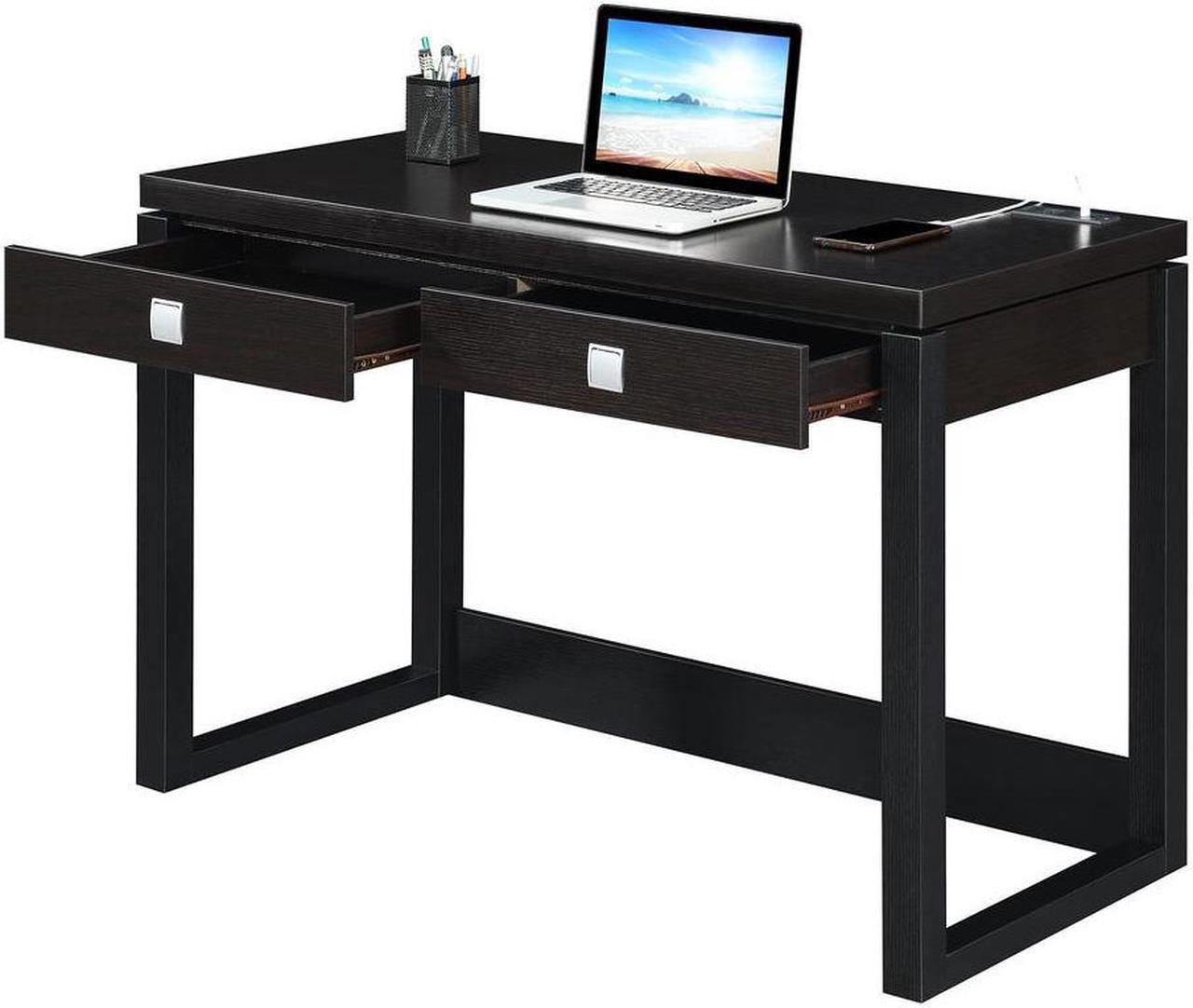 Alt view image 2 of 11 - Newport 2 Drawer Desk With Charging Station, Espresso/Black
