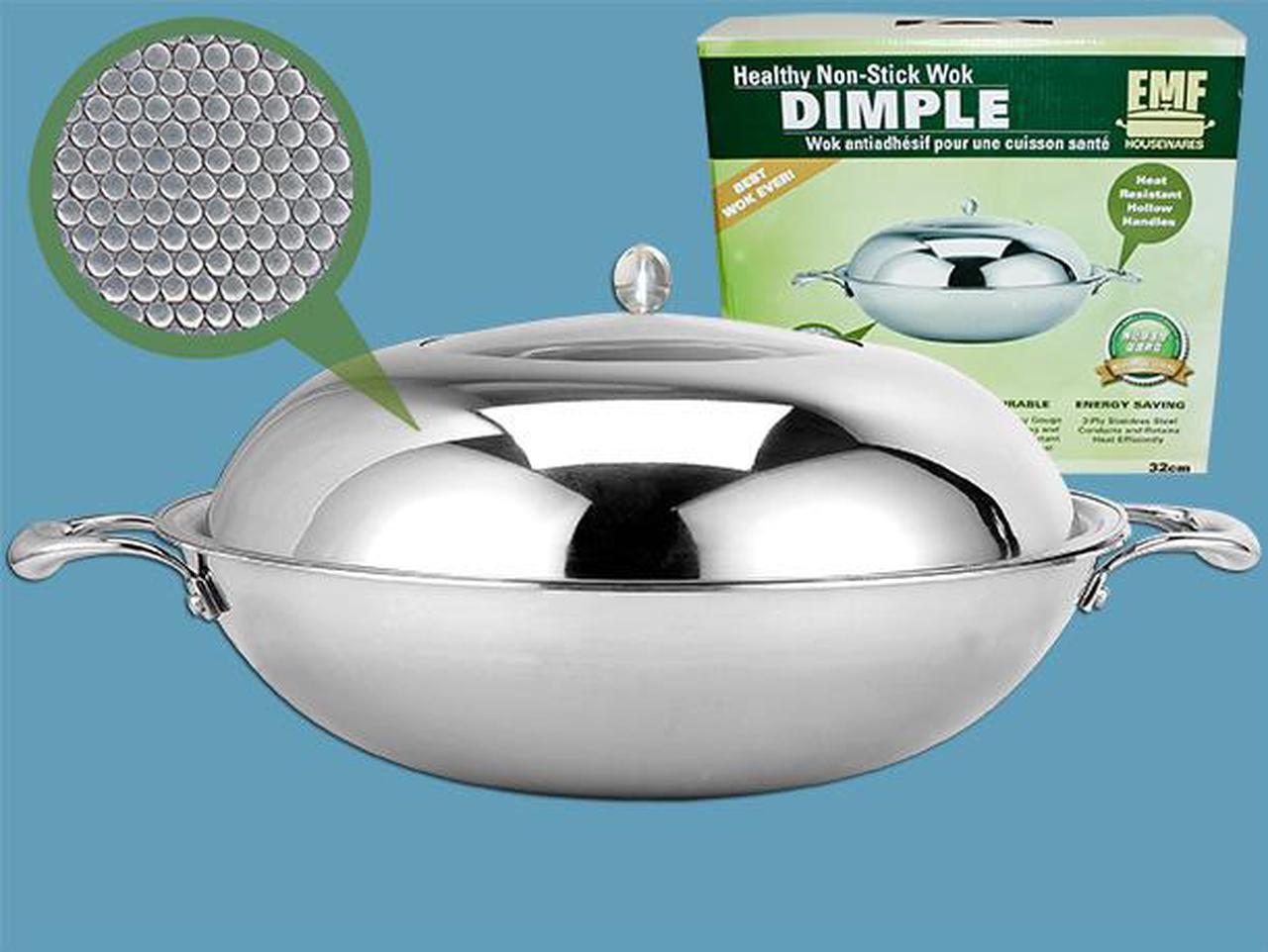 Healthy Cooking "Dimple" Design 12.5-in. / 32cm Stainless Steel Wok Set