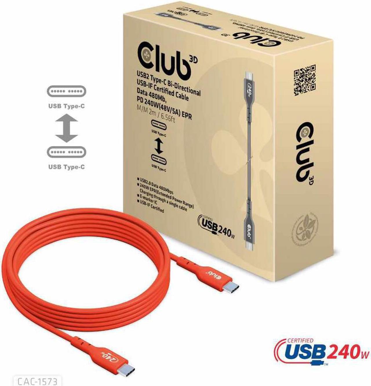 Alt view image 9 of 13 - club 3d usb2 type-c bi-directional usb-if certified cable, data 480mb, pd 240w(48v/5a) epr m/m 2m/6.56ft cac-1573