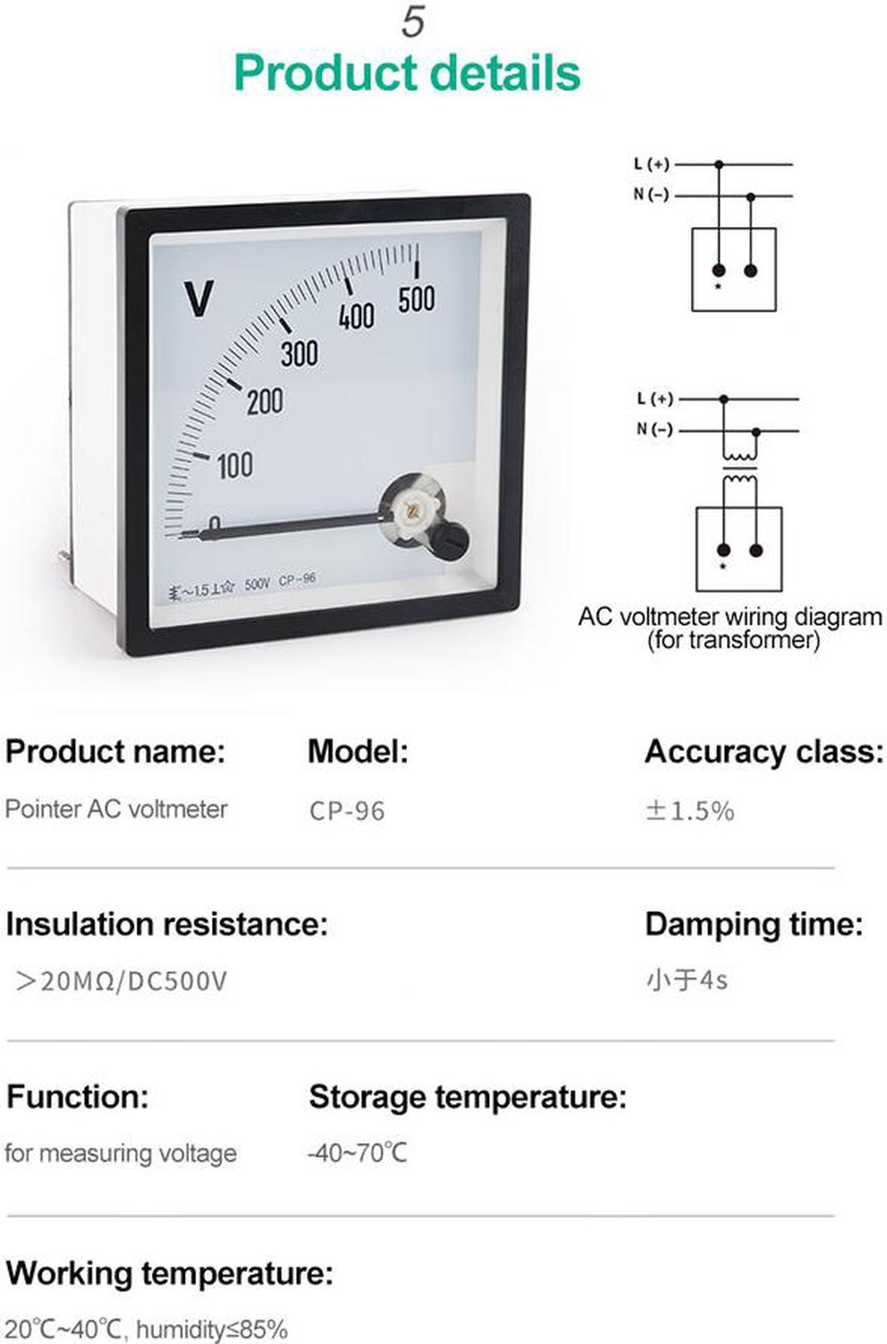 Alt view image 4 of 7 - ELECALL CP-96 AC Voltmeter Voltage Meter Analog Panel Mechanical Voltmeter Gauge Pointer 500V