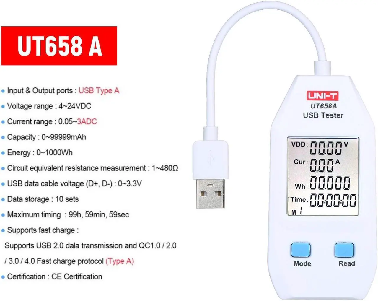 Alt view image 7 of 7 - UNI-T UT658A USB Power Meter USB Tester Detector USB Voltmeter Digital Power Capacity Tester
