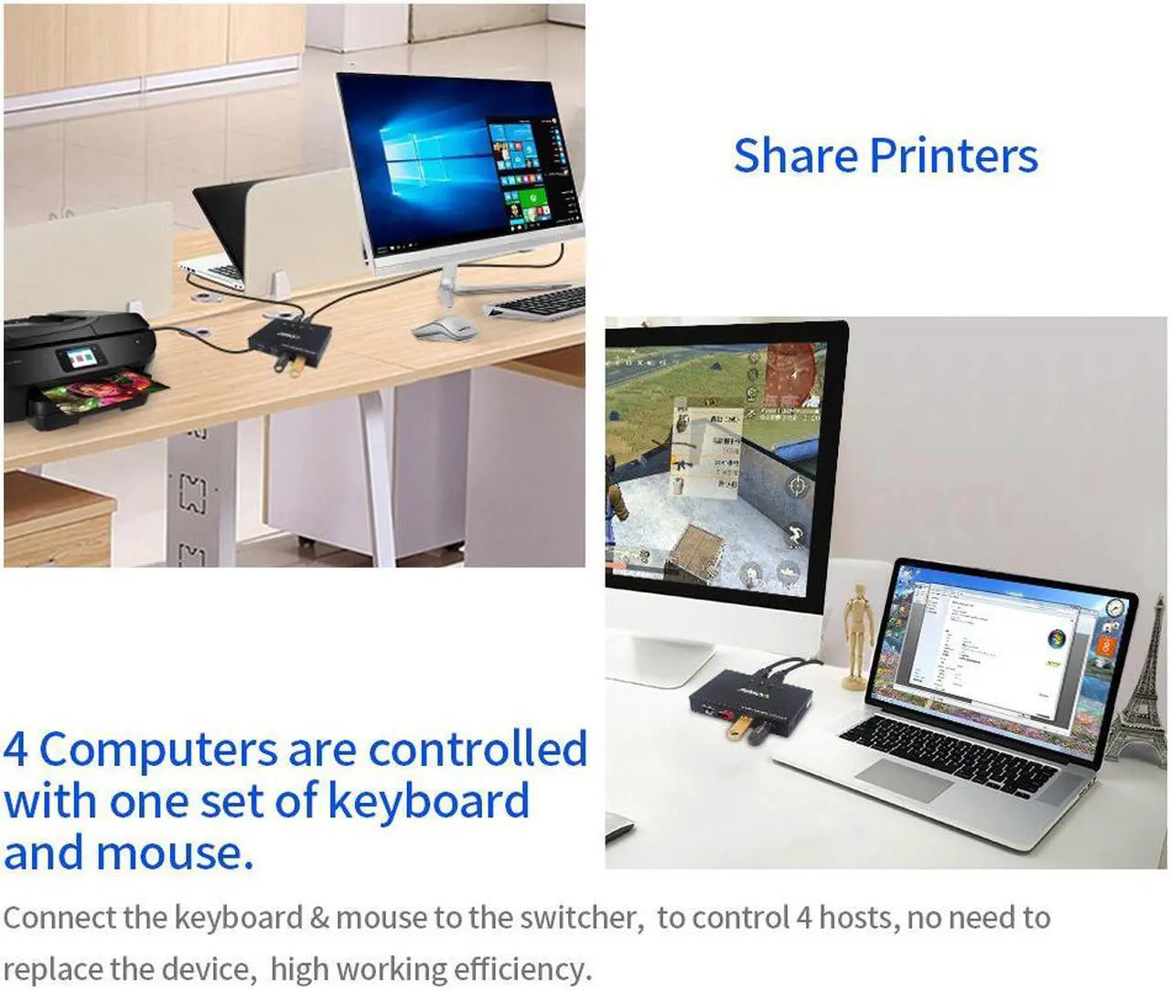 Alt view image 3 of 6 - AIMOS AM-404K USB Printer Share Switcher 4 Ports Keyboard Mouse U Disk HDD USB Controller Black