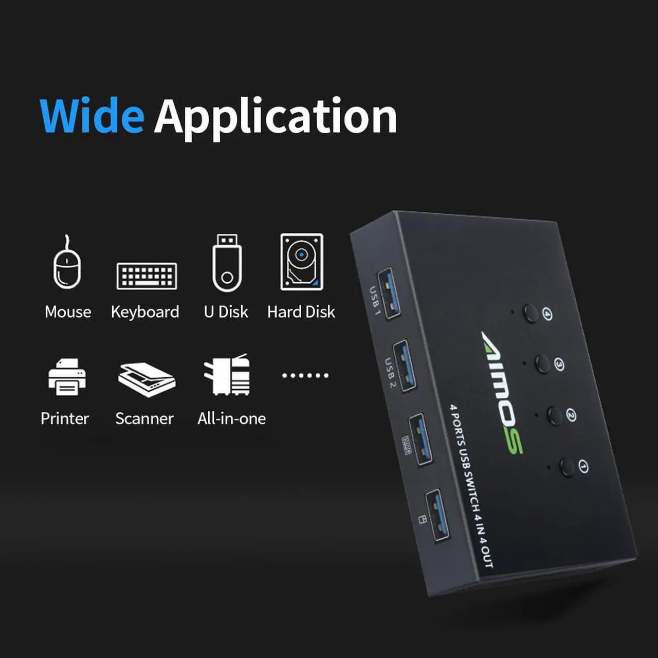 Alt view image 2 of 6 - AIMOS AM-404K USB Printer Share Switcher 4 Ports Keyboard Mouse U Disk HDD USB Controller Black