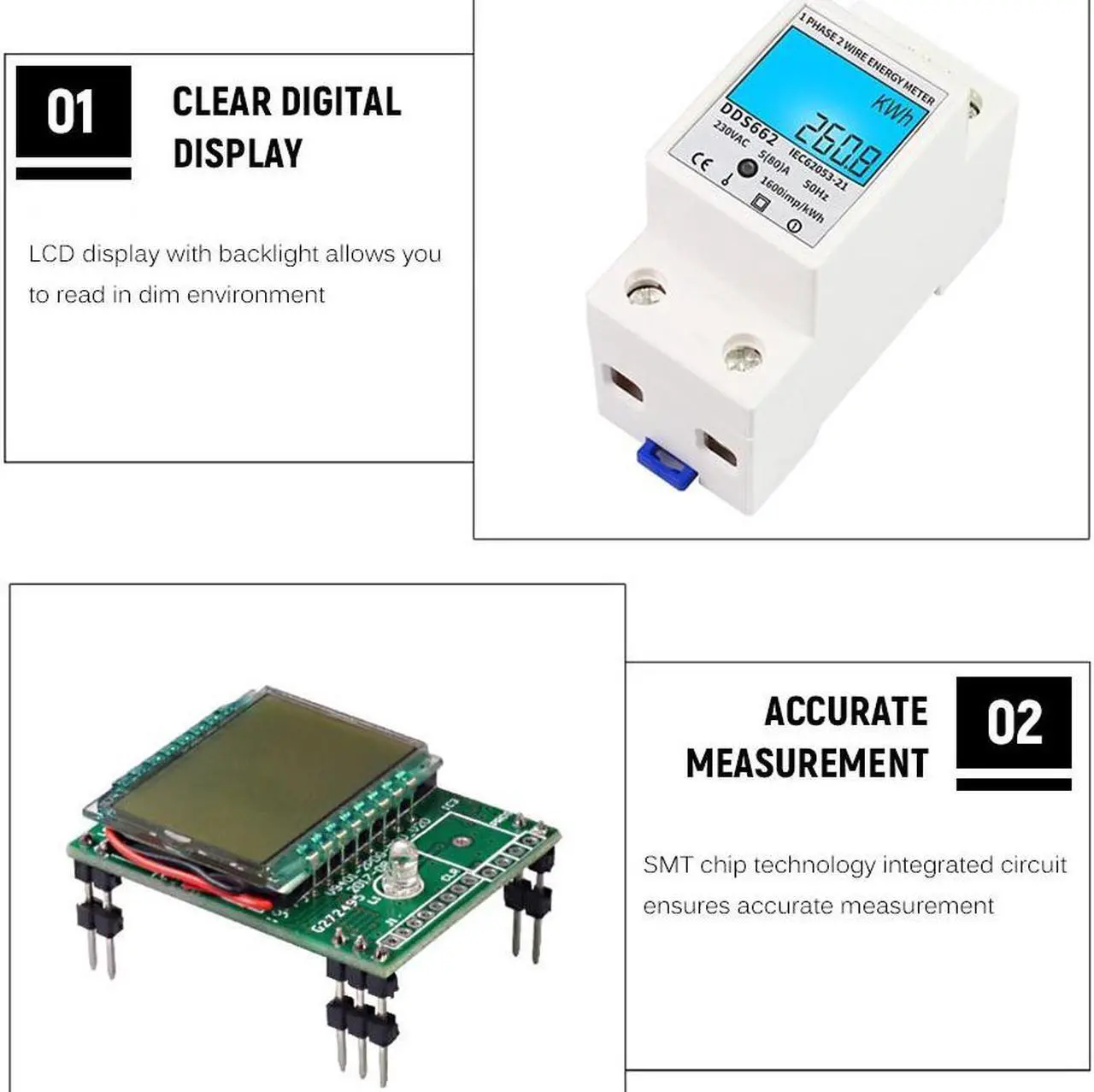 Alt view image 2 of 7 - Digital Electric Energy Meter Single Phase DIN Rail Electricity Meter One Phase Two Wire Multifunction Electrical Meter