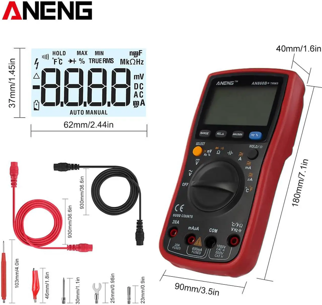Alt view image 4 of 6 - ANENG AN860B+ Tester Digital Multimeter Profesional 6000 Counts Detector Tester Peak Multimetro Meter Analogico EsrLcr Meter - Red