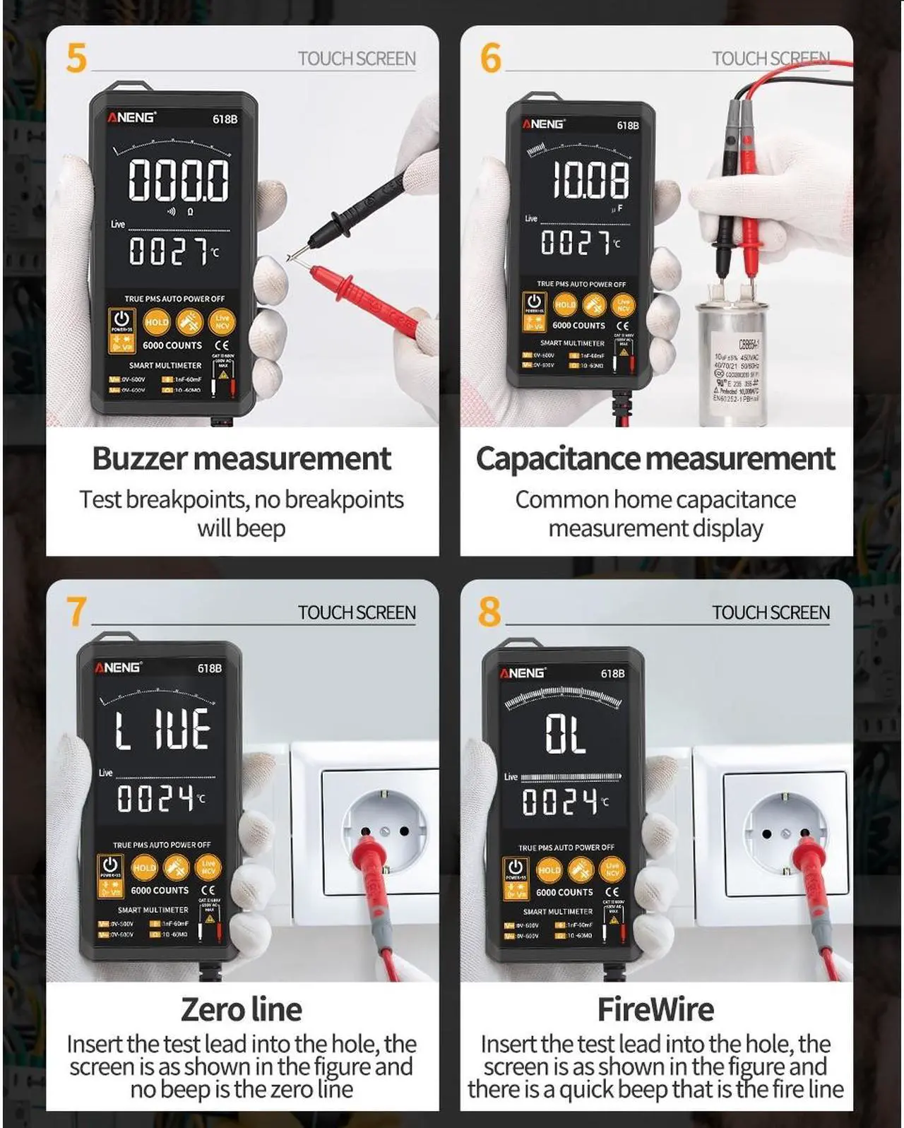 Alt view image 5 of 7 - ANENG 618B Smart Touch Digital Multimeter DC/AC Analog Tester True RMS Professional Transistor Capacitor NCV Auto/Manual Multimetro