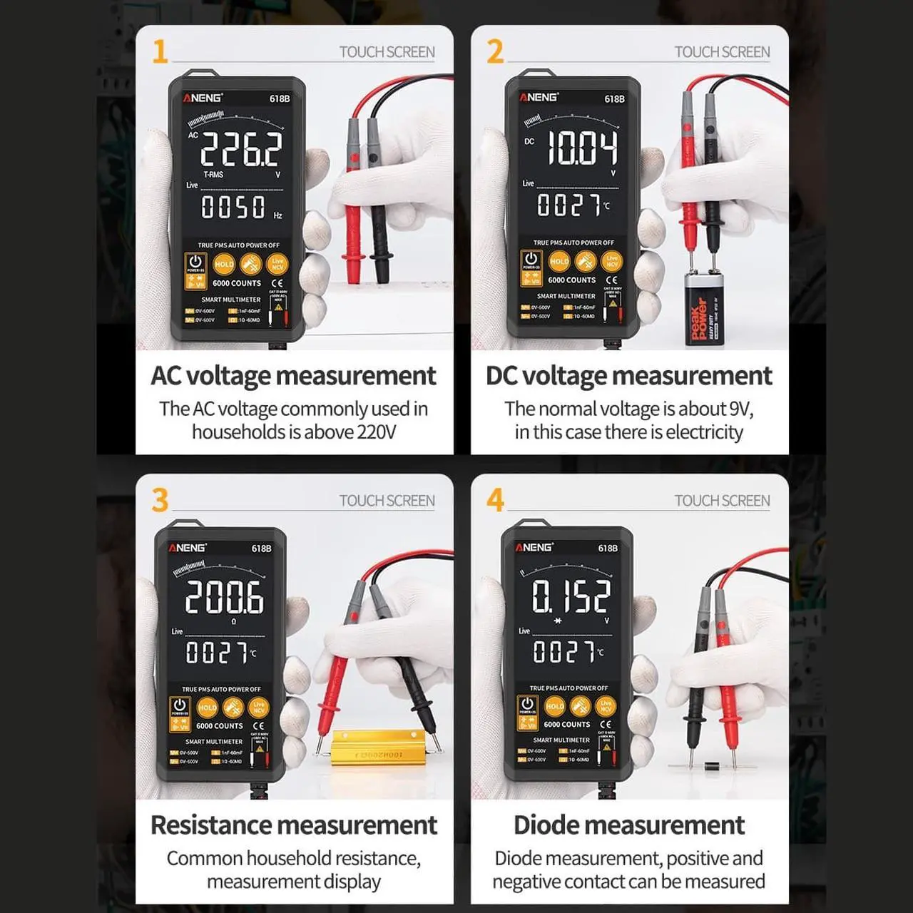 Alt view image 7 of 7 - ANENG 618B Smart Touch Digital Multimeter DC/AC Analog Tester True RMS Professional Transistor Capacitor NCV Auto/Manual Multimetro