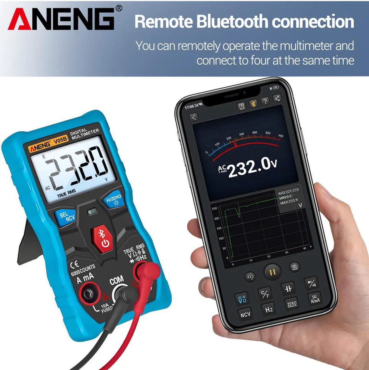 Alt view image 2 of 7 - ANENG V05B Digital Bluetooth Multimeter 6000 Counts Professional Analog Multimeter AC/DC Currents Voltage Mini Testers True RMS Multimetro - Blue