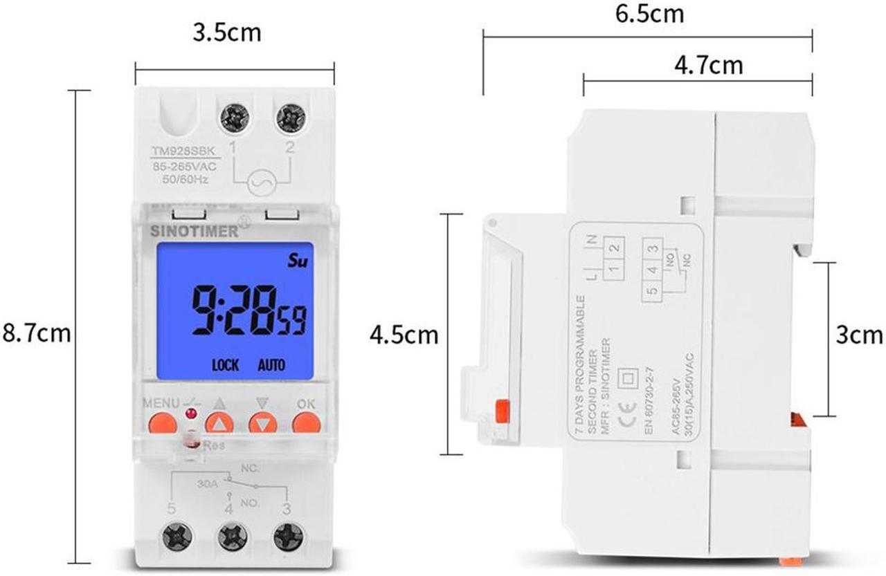 Alt view image 6 of 6 - TM928SBKL Rail Timer Backlight Large Screen Display 85-265V 30A Times 1 Second Min Interval 7 Days Programmable Rail Timer