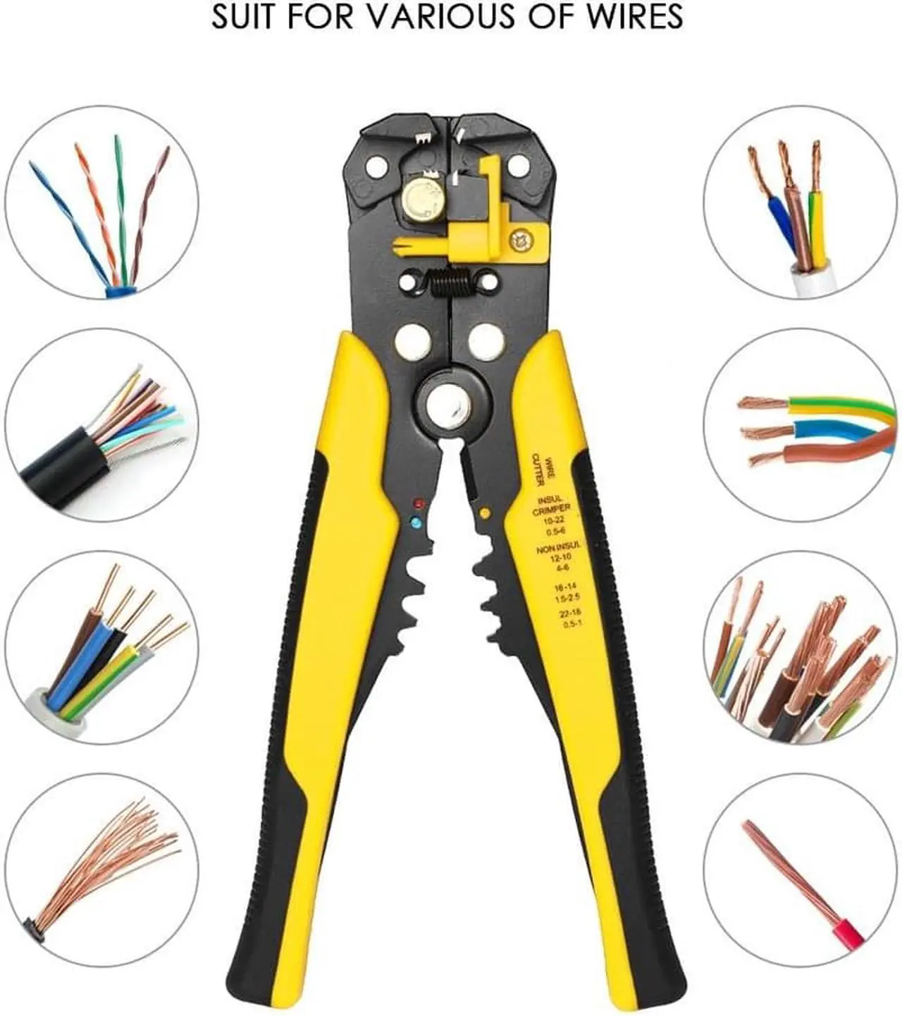 Alt view image 3 of 6 - Multi-functional 8" Self-adjusting Cable Wire Stripper With Cutter & Crimper Automatic Wire Stripping Pliers Crimping Tool 10-24AWG -  Yellow